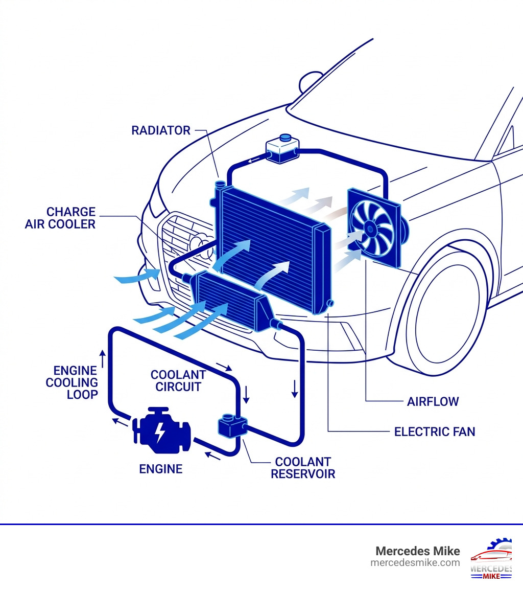 Audi A1 cooling loop and airflow diagram showing radiator, charge air cooler, and coolant circuit - audi a1 radiator