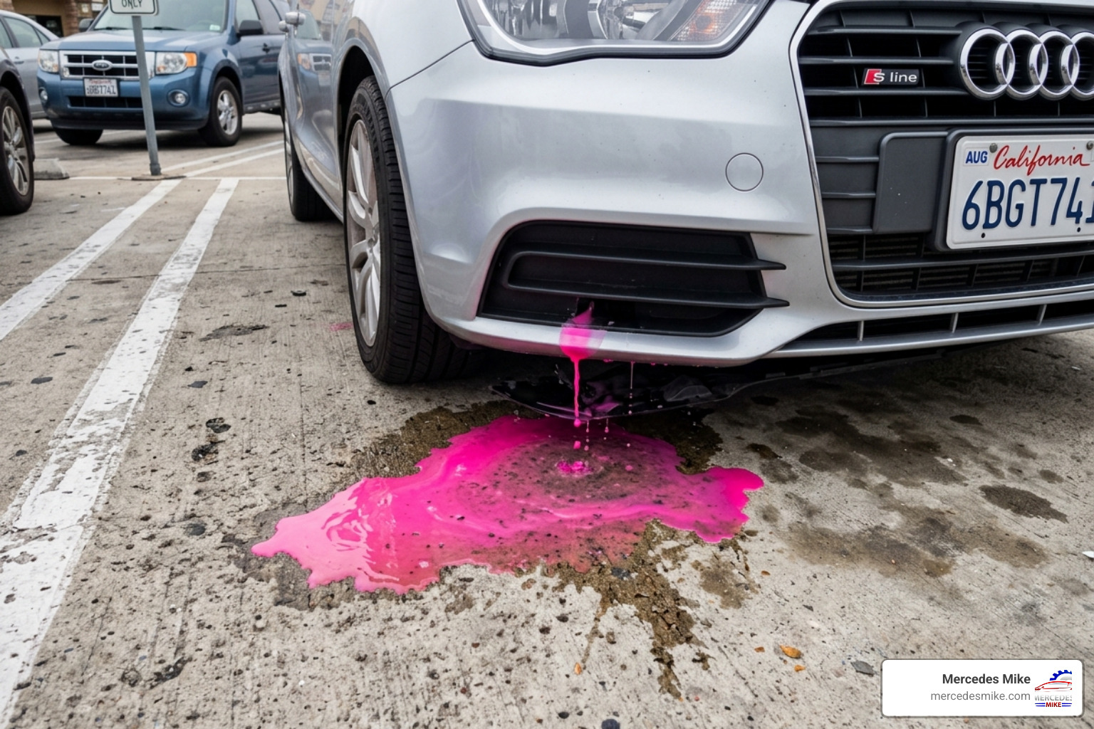 leaking pink coolant on pavement under an Audi A1 - audi a1 radiator replacement