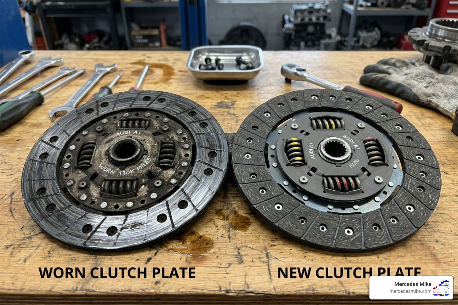 Worn clutch friction material compared to a new Audi A1 clutch plate - audi a1 clutch replacement