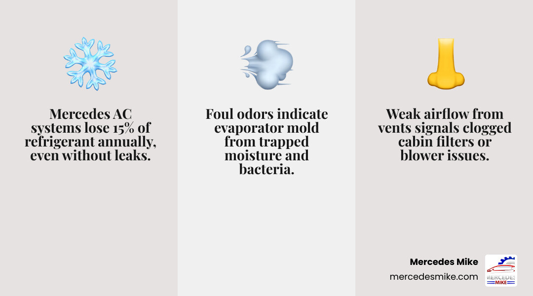 Infographic showing the Mercedes-Benz AC refrigeration cycle, service intervals, warning signs, and costs - mercedes air