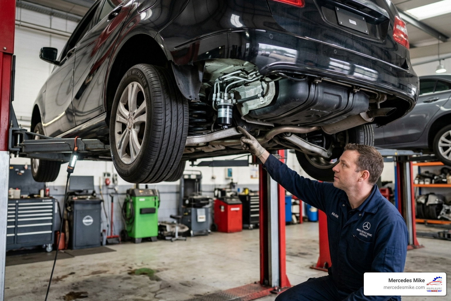 Technician pointing to the fuel filter location under the chassis of a B-Class - mercedes b class fuel filter replacement