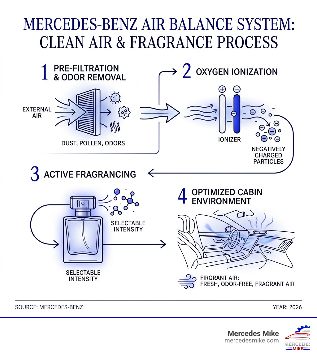 Mercedes-Benz Air Balance system filtration ionization and fragrance process infographic - mercedes benz air balance refill