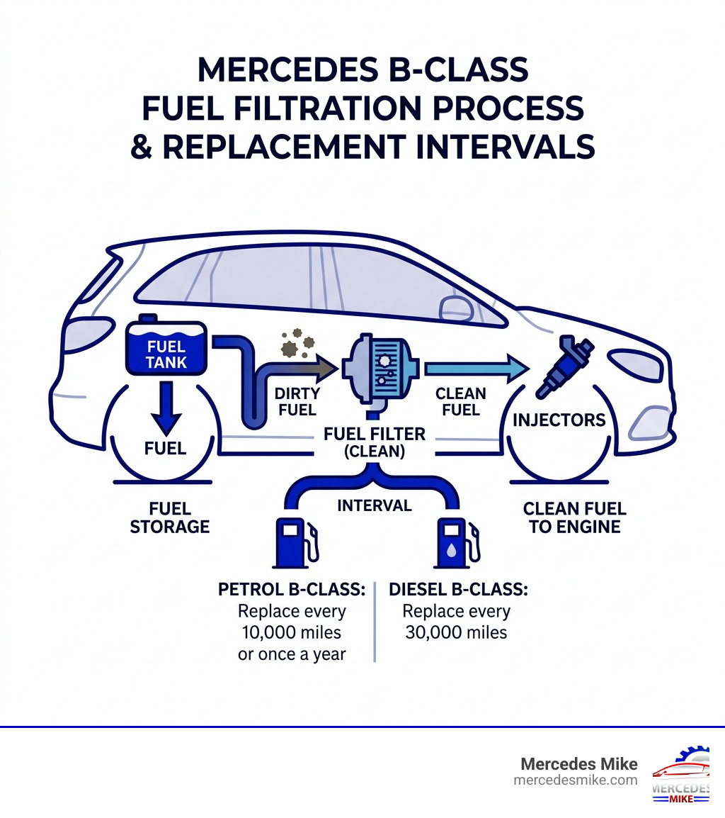 Infographic showing Mercedes B Class fuel filtration process from tank to injectors with replacement intervals - mercedes b