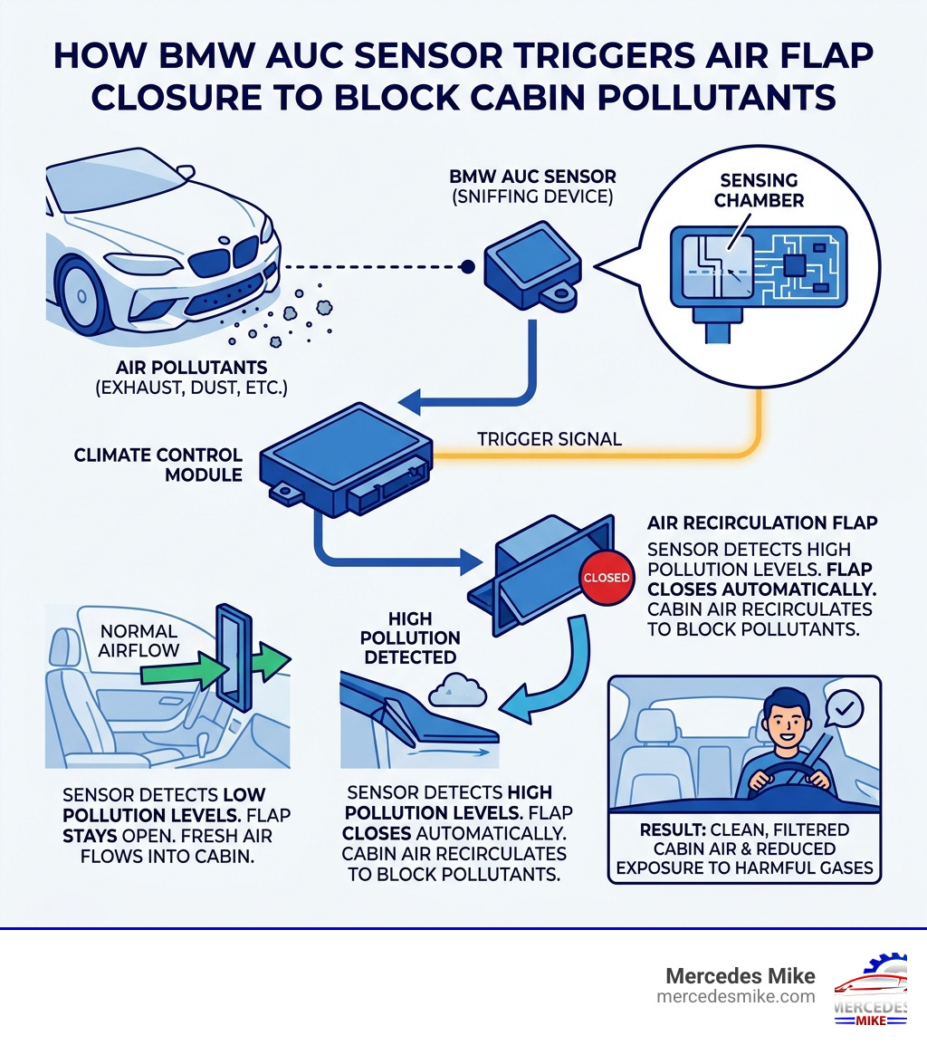 How BMW AUC sensor triggers air flap closure to block cabin pollutants - bmw auc sensor repair infographic How BMW AUC sensor triggers air flap closure to block cabin pollutants - bmw auc sensor repair infographic