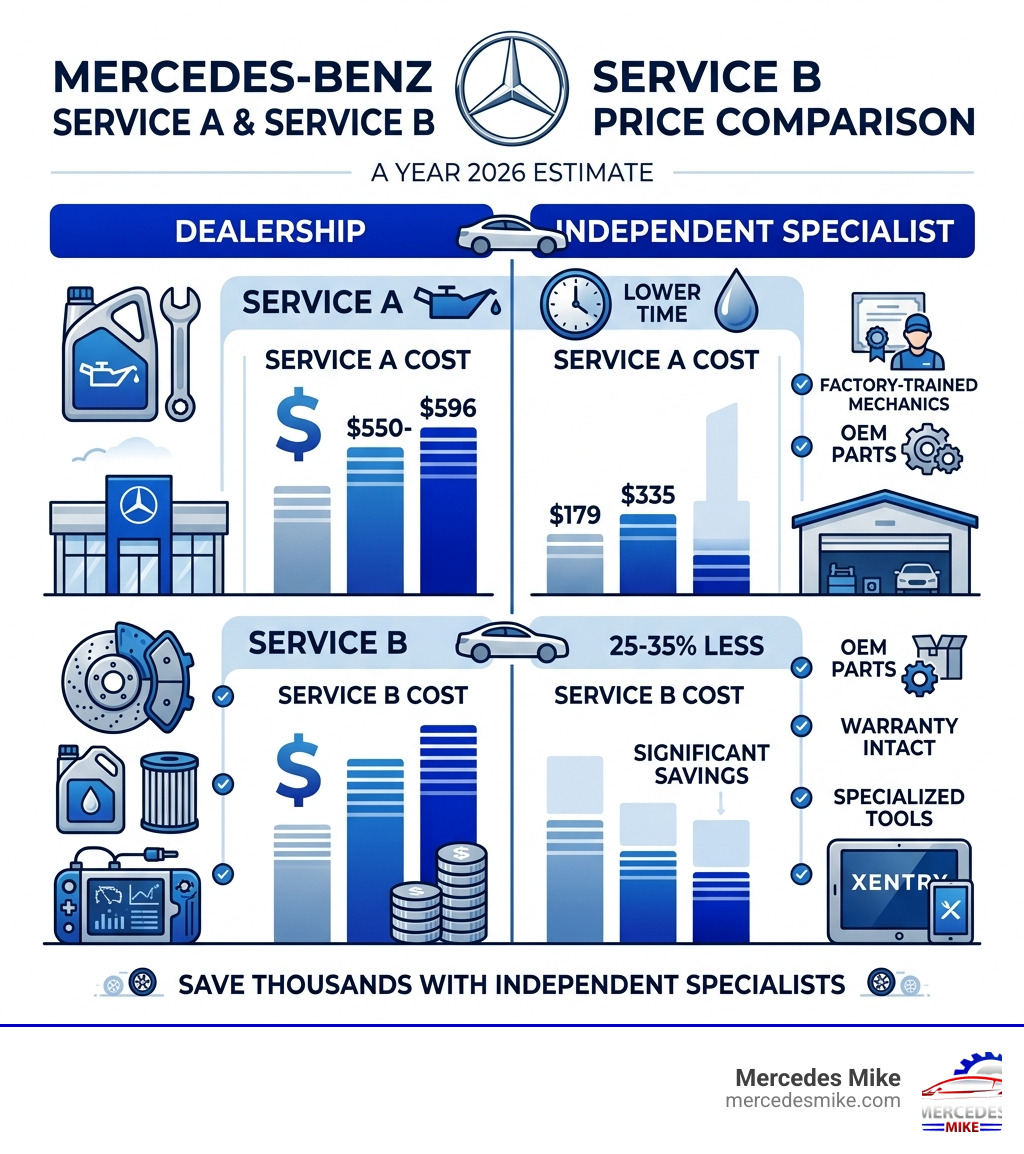 Price comparison infographic: dealership vs independent Mercedes repair costs for Service A and Service B - independent Price comparison infographic: dealership vs independent Mercedes repair costs for Service A and Service B - independent