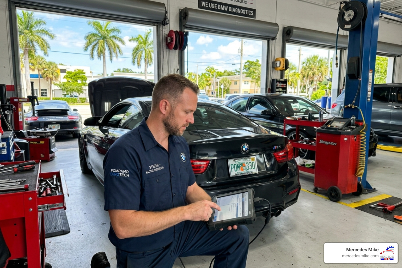 Specialized German auto mechanic using diagnostic computer on a BMW in Pompano Beach - German auto repair Pompano Beach