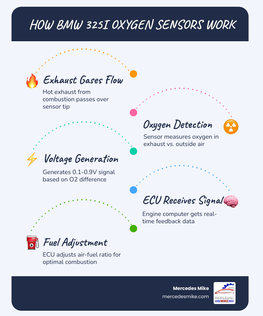 Infographic showing BMW 325i oxygen sensor locations, voltage signals, and fuel mixture adjustment process - bmw 325i oxygen