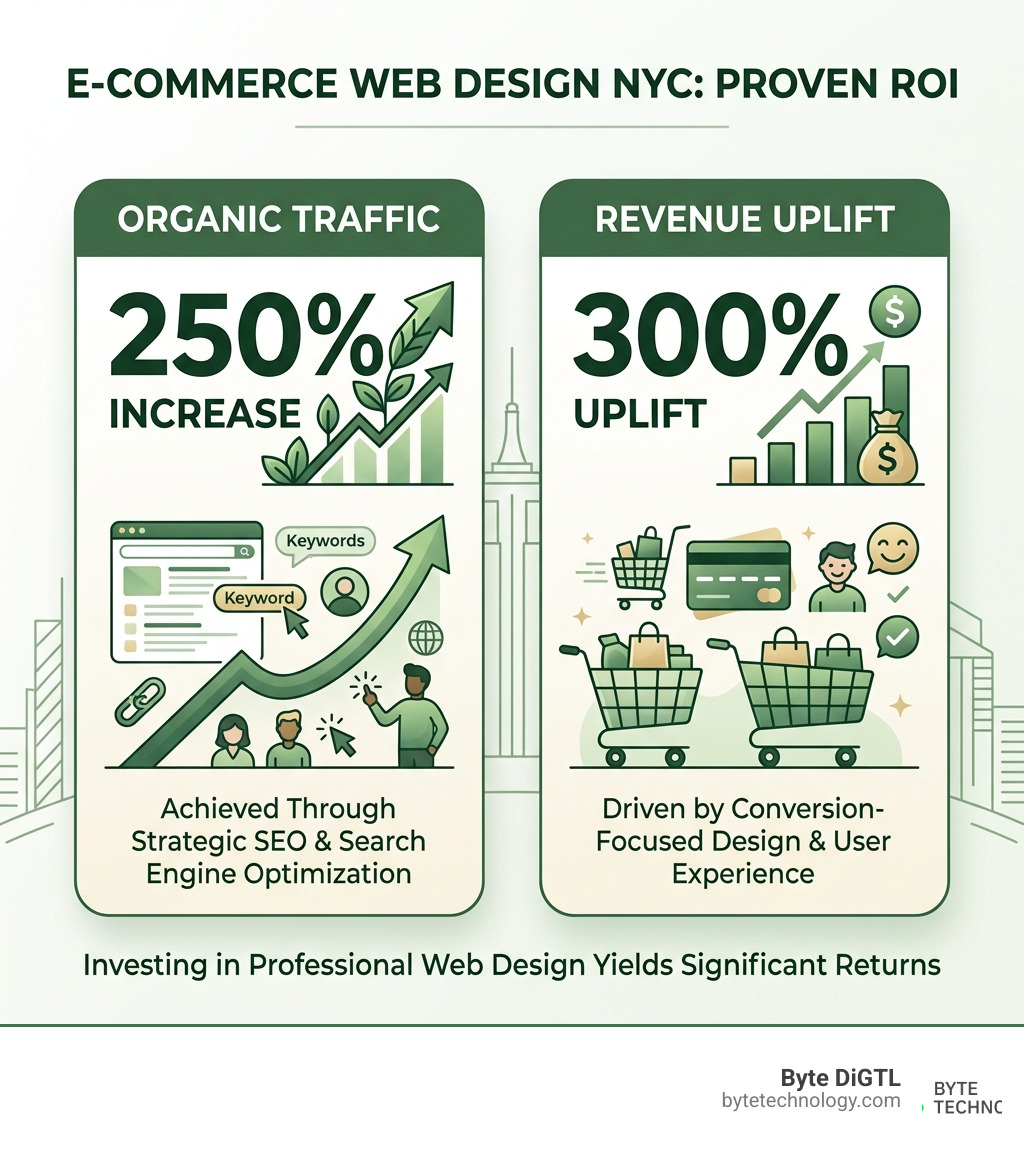 Infographic comparing e-commerce ROI: 250% organic traffic increase and 300% revenue uplift - e-commerce web design nyc