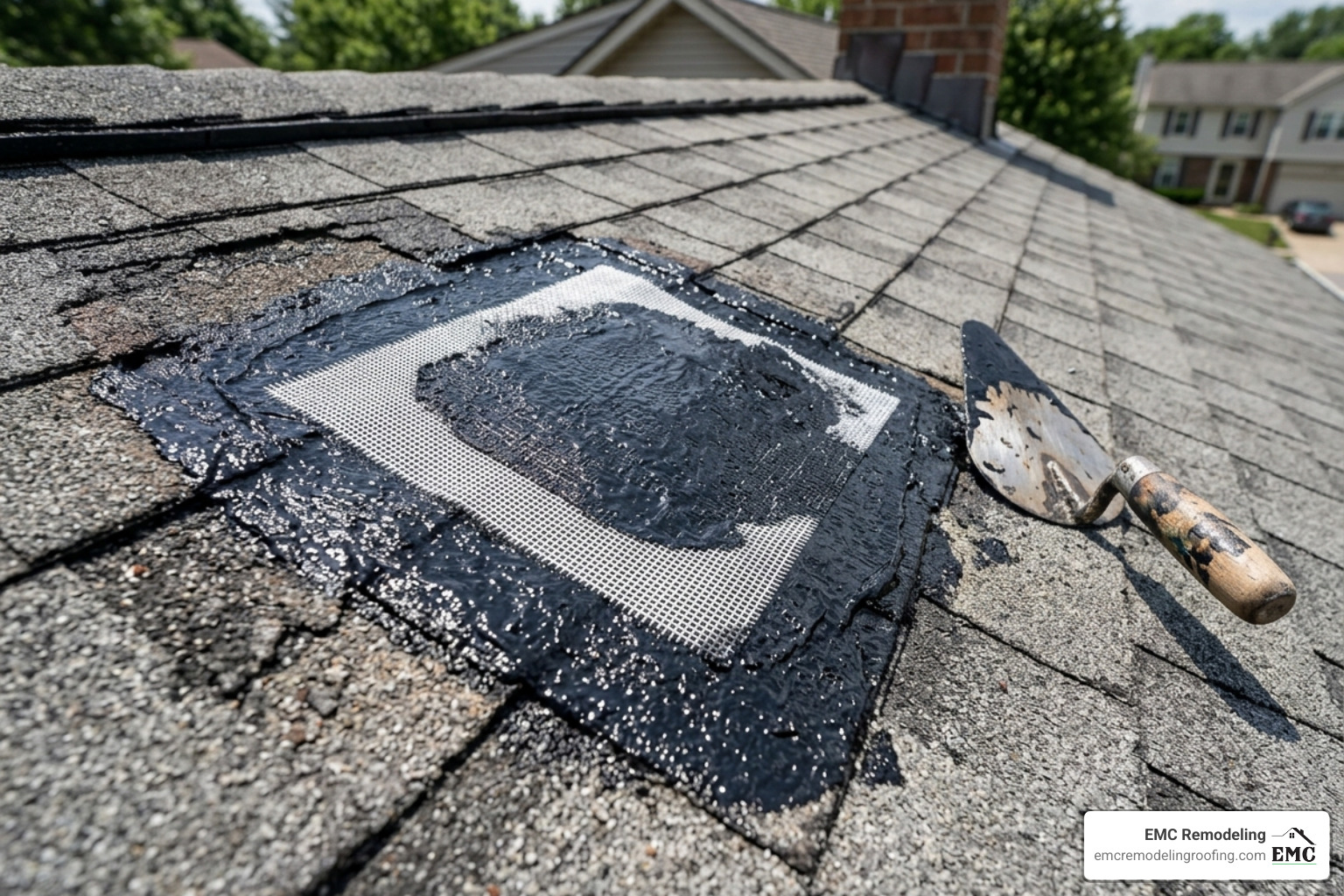 3-course patch method showing sealant, fabric, and topcoat layers - cold patch roof repair 3-course patch method showing sealant, fabric, and topcoat layers - cold patch roof repair