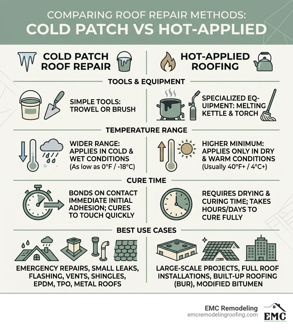 Infographic comparing cold patch vs hot-applied roofing methods: tools, temperature range, cure time, and best use cases Infographic comparing cold patch vs hot-applied roofing methods: tools, temperature range, cure time, and best use cases