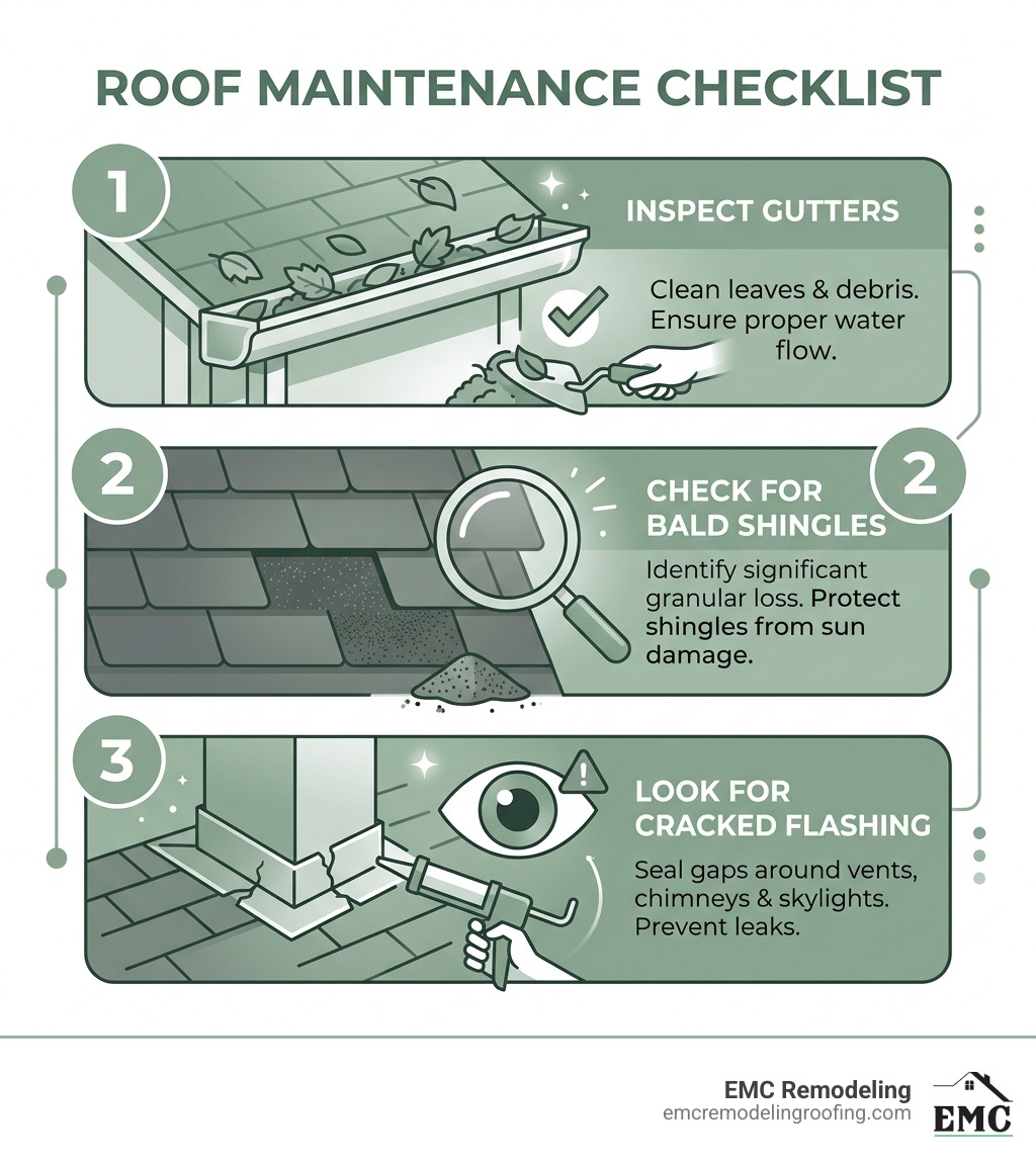 Checklist for roof maintenance: inspect gutters, check for bald shingles, look for cracked flashing - cold patch roof repair Checklist for roof maintenance: inspect gutters, check for bald shingles, look for cracked flashing - cold patch roof repair