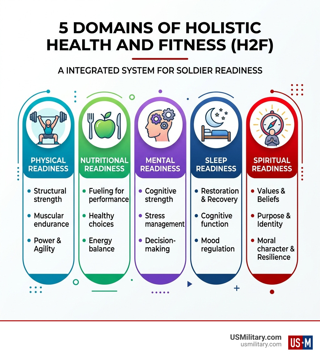Infographic showing the 5 domains of Holistic Health and Fitness H2F: Physical, Nutritional, Mental, Sleep, Spiritual - Why