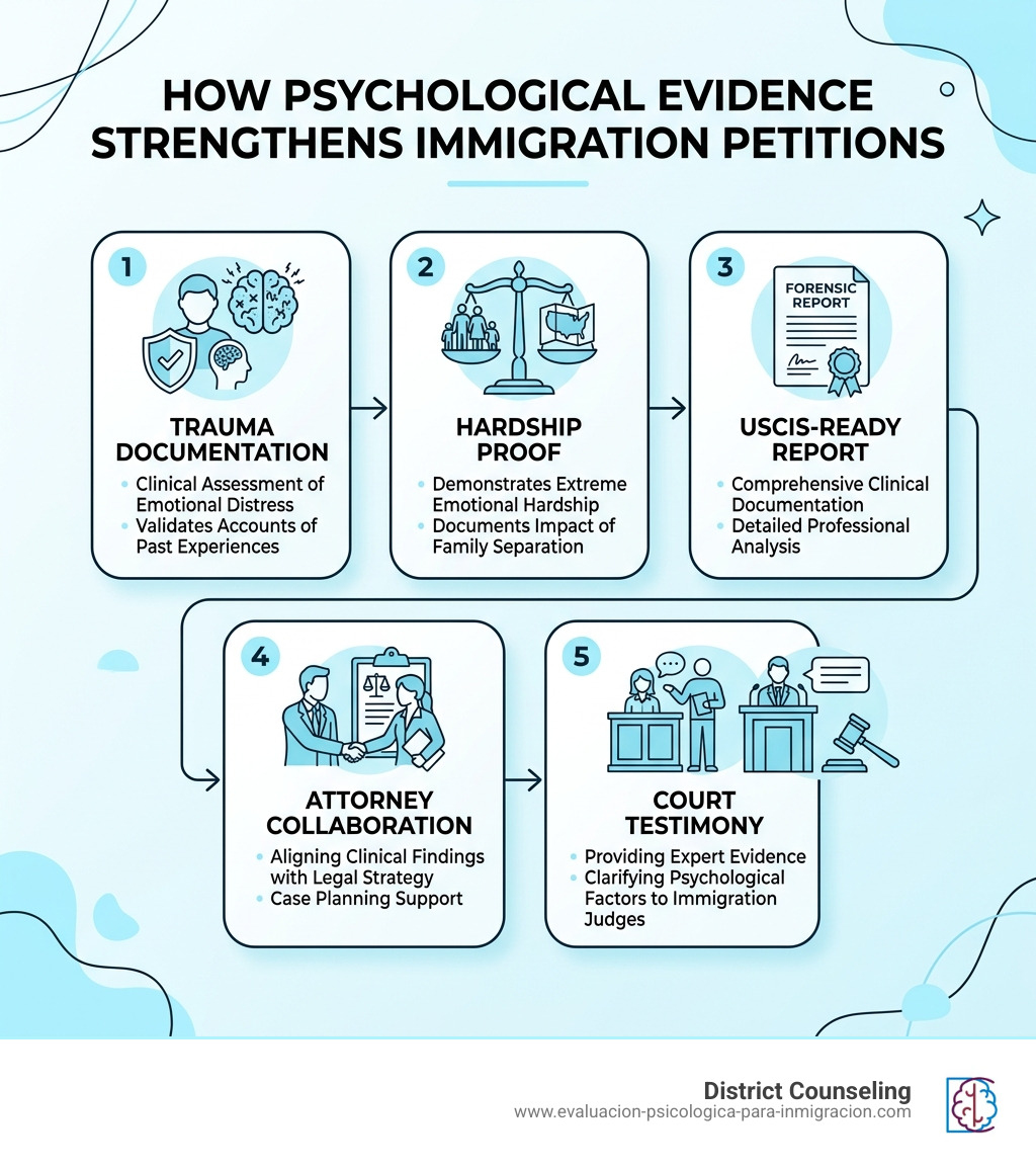 Infographic showing how psychological evidence strengthens immigration petitions: trauma documentation, hardship proof Infographic showing how psychological evidence strengthens immigration petitions: trauma documentation, hardship proof