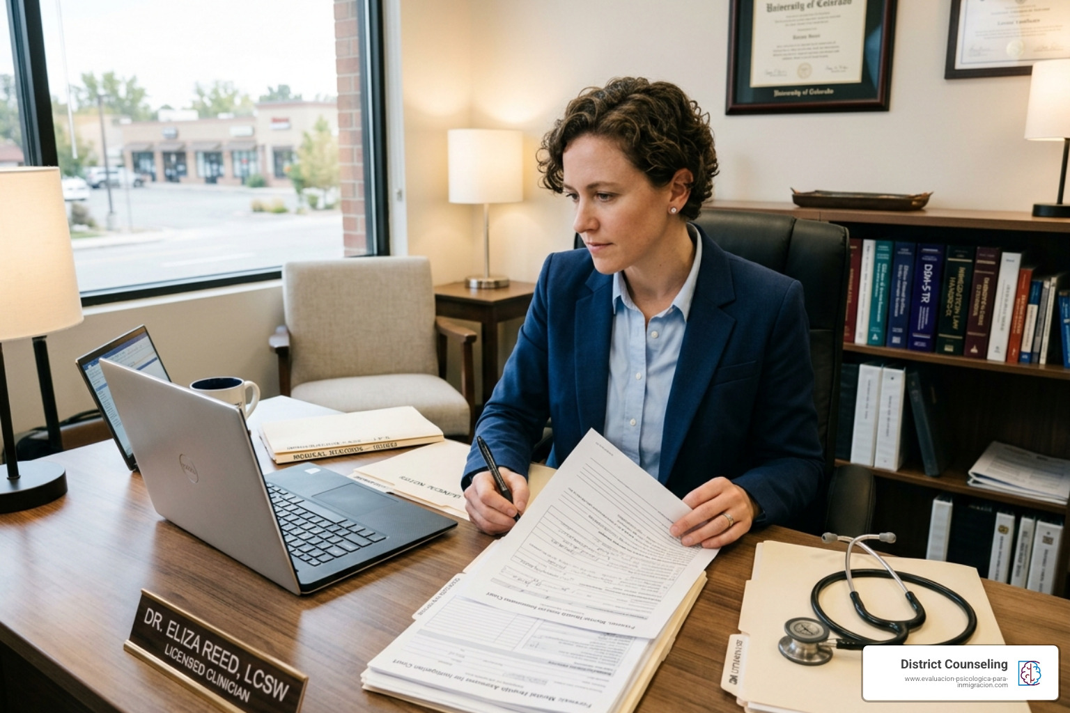 A clinician reviewing professional legal and medical documents for a forensic assessment - immigration mental health