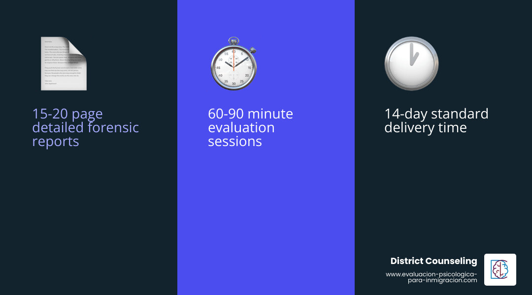 Infographic showing the statistics: 15-20 page reports, 14-day delivery, and 60-90 minute sessions - cancellation of removal