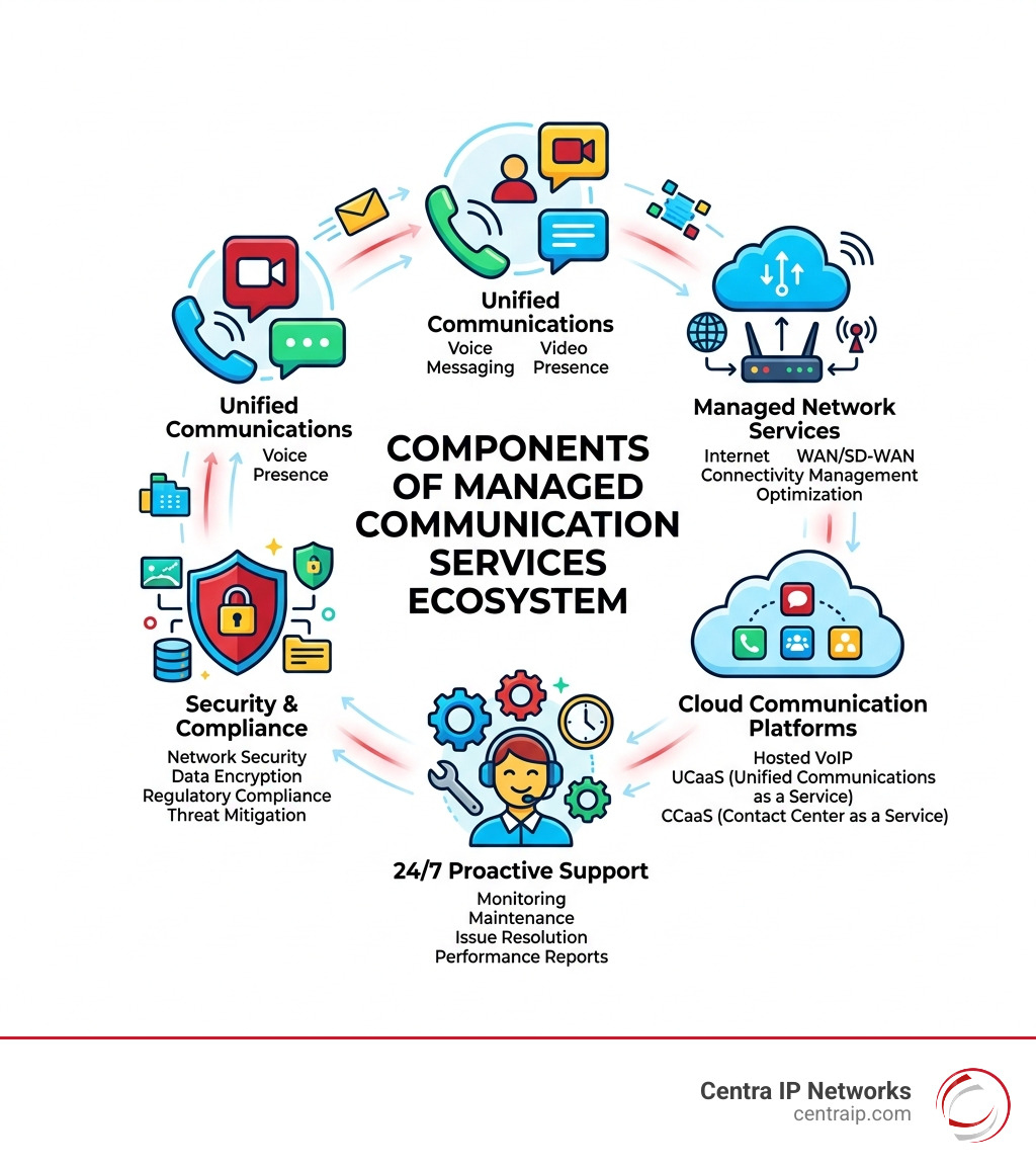 Components of managed communication services ecosystem infographic - managed communication services infographic Components of managed communication services ecosystem infographic - managed communication services infographic