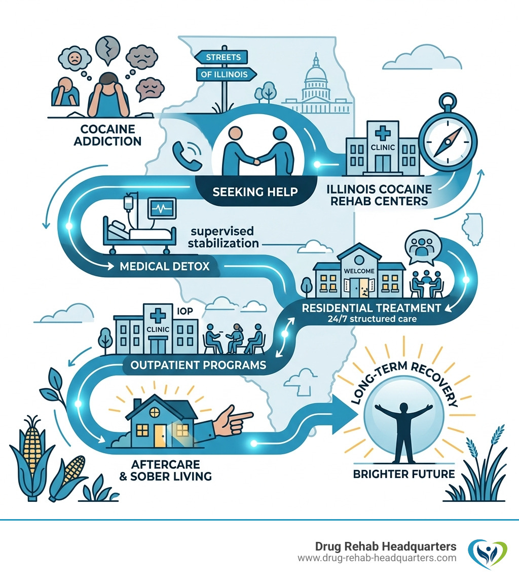 Infographic showing the path from cocaine addiction to recovery in Illinois rehab centers - Illinois cocaine rehab centers