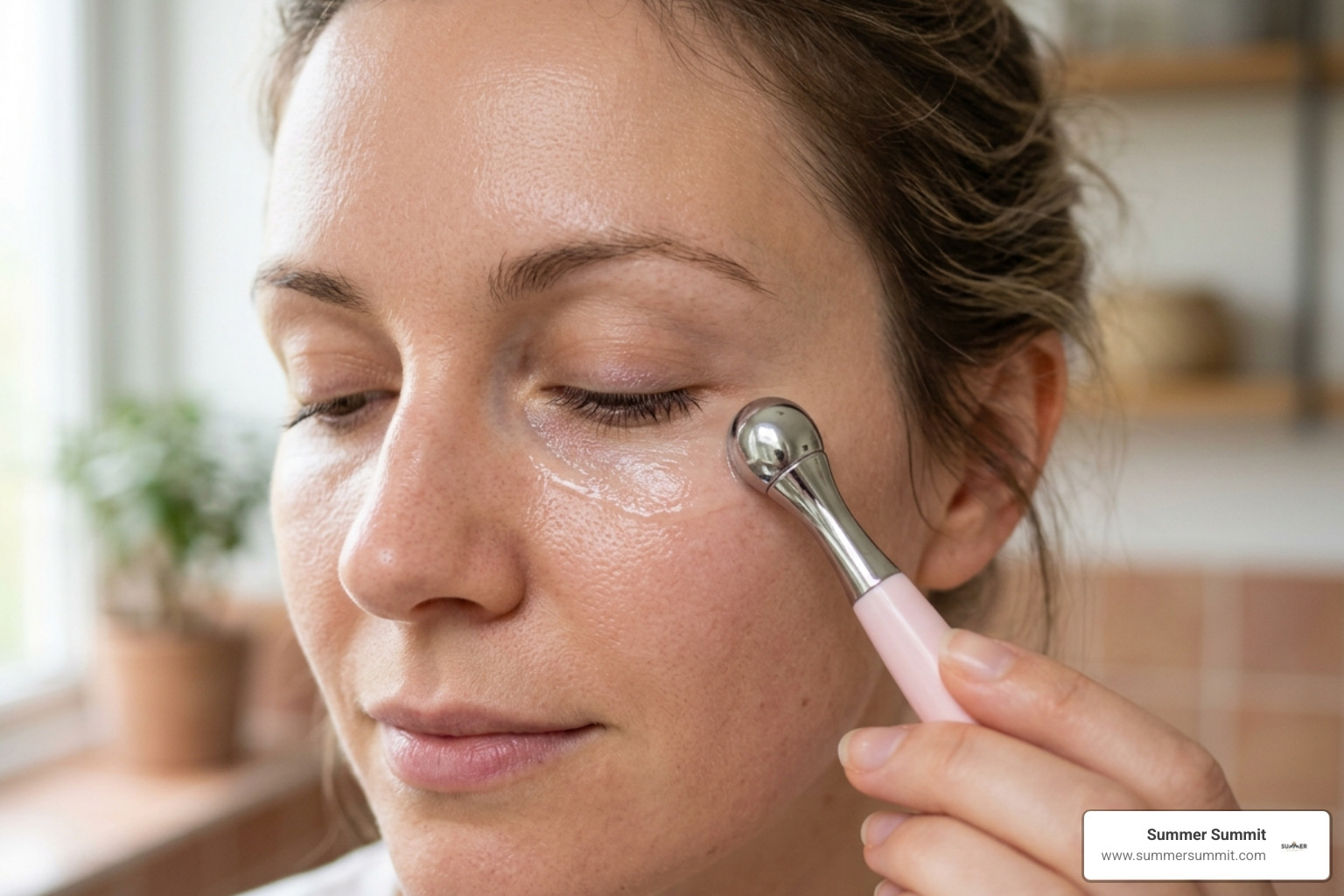 A cooling metal applicator being used on the under-eye area - gentle firming eye cream
