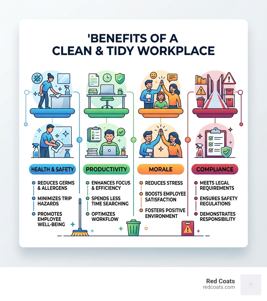 Infographic showing how a clean and tidy workplace improves health, productivity, morale, and compliance - clean and tidy