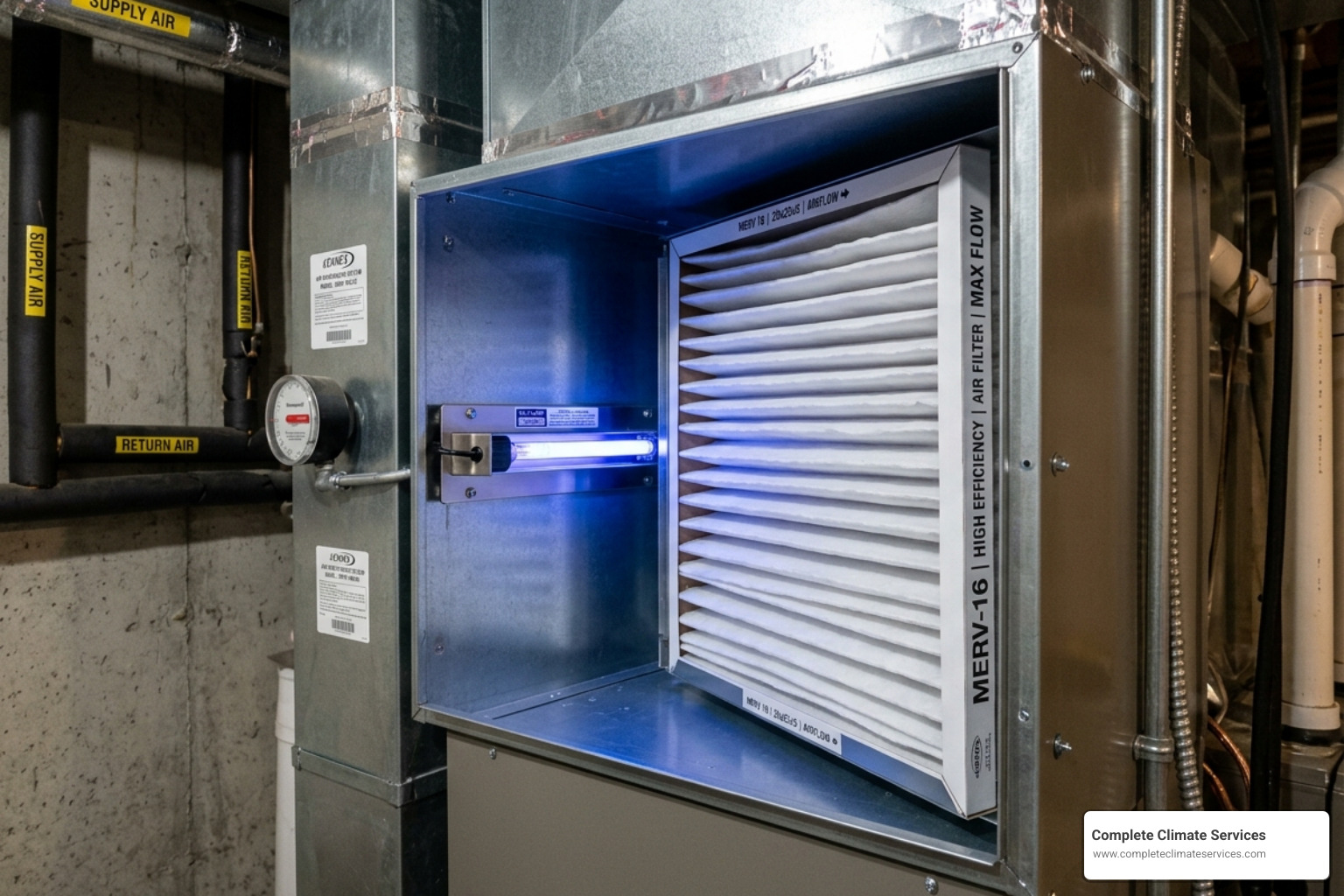 High-efficiency air filtration system with a pleated MERV-16 filter and a UV-C light purifier installed in the ductwork