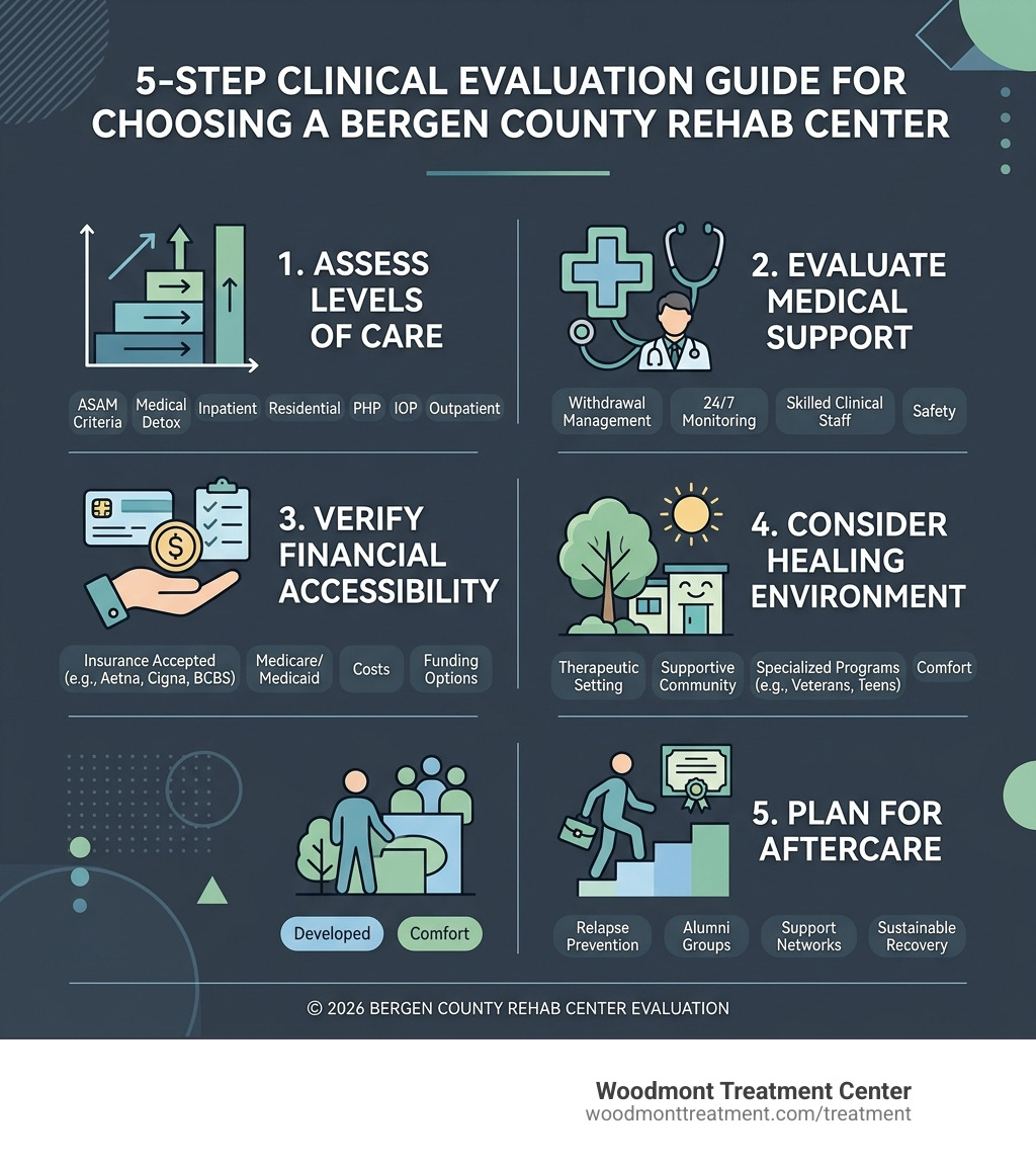 5-step clinical evaluation guide for choosing a Bergen County rehab center - bergen county rehab center infographic 