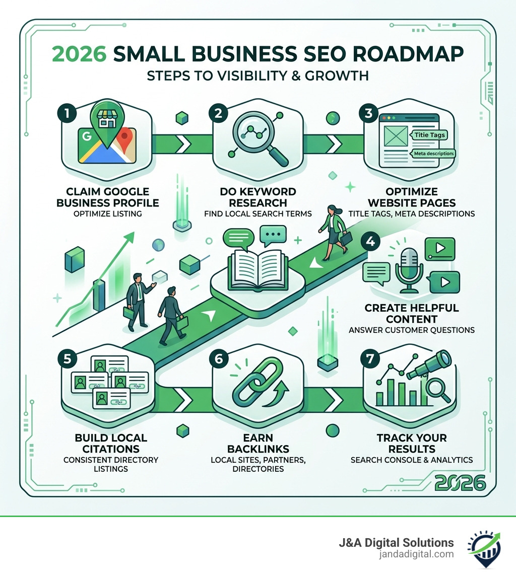 2026 small business SEO roadmap showing steps from Google Business Profile to content to tracking - seo optimization for