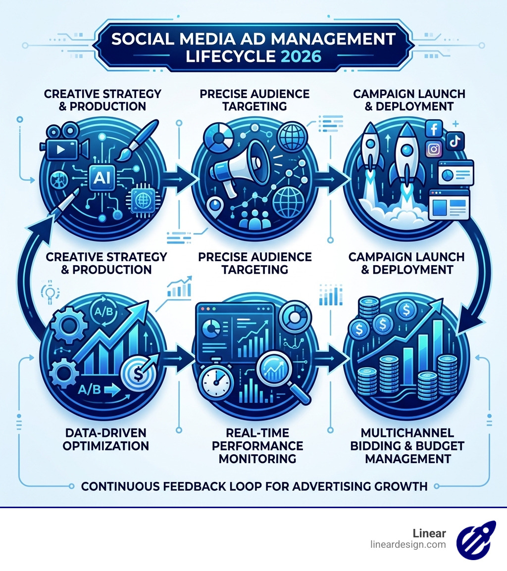 Social media ad management lifecycle from creative to conversion in 2026 - social media ad management infographic 
