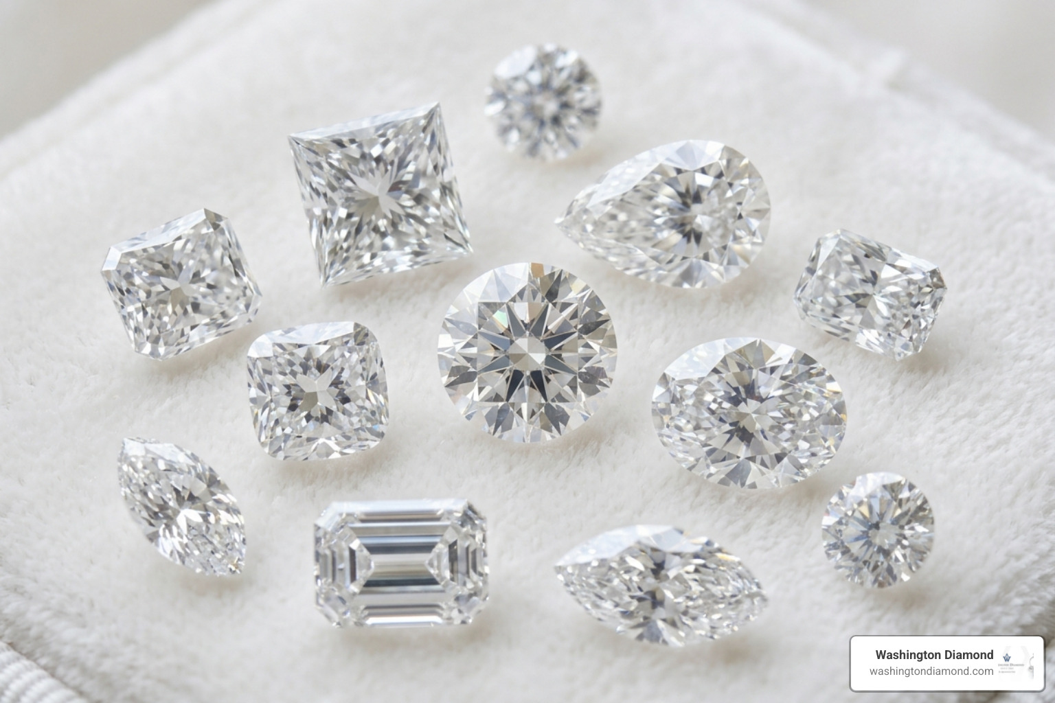Showcase of various diamond shapes: round, princess, pear, and oval - Diamond solitaire pendant