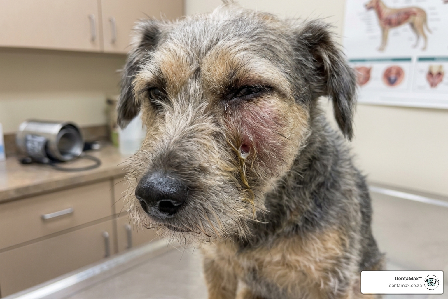 Dog with visible facial swelling under the eye caused by a tooth root abscess - bad tooth infection in dogs