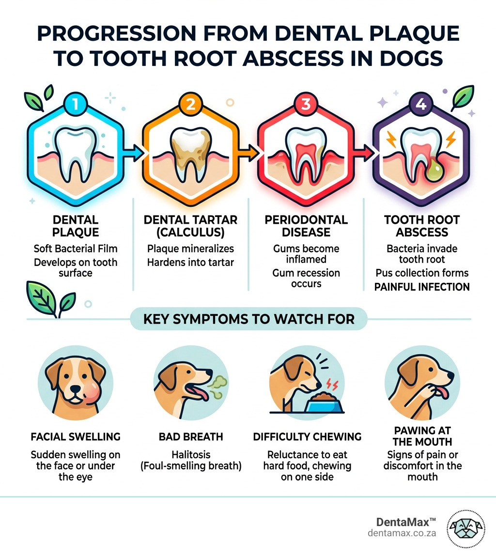 Progression from dental plaque to tooth root abscess in dogs, showing stages and key symptoms - bad tooth infection in dogs