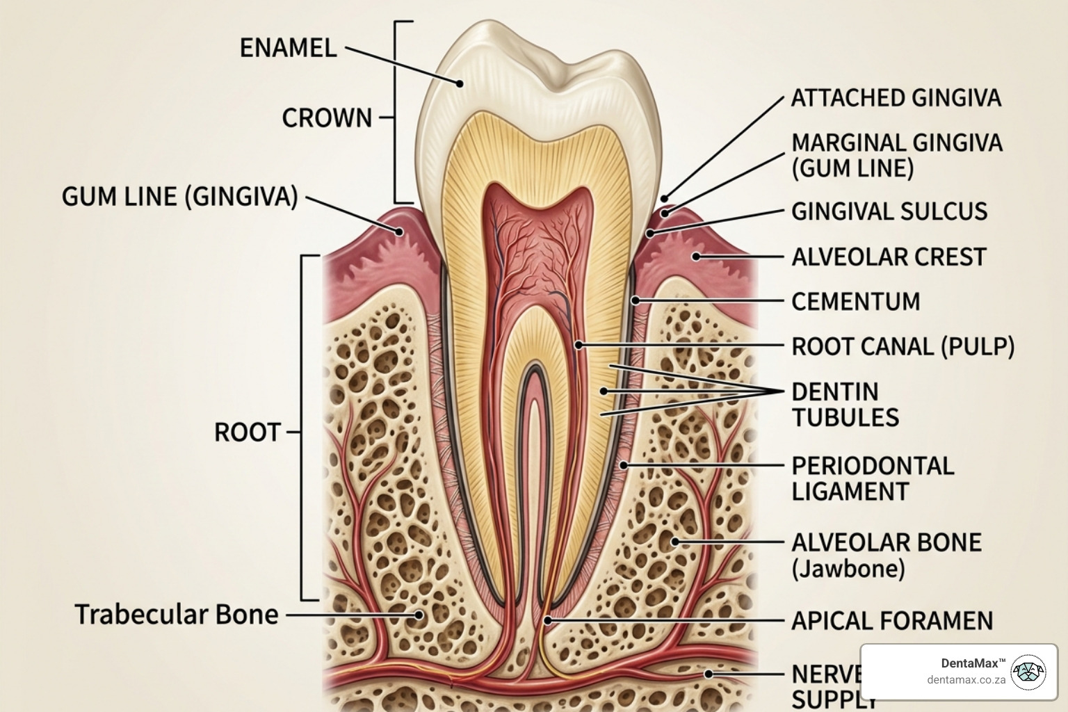 Detailed canine dental anatomy showing the tooth root and surrounding bone structure - bad tooth infection in dogs