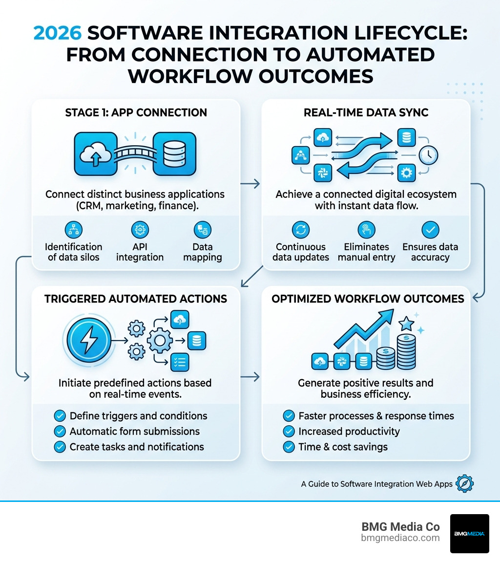 Infographic showing the 2026 software integration lifecycle from app connection to automated workflow outcomes - software Infographic showing the 2026 software integration lifecycle from app connection to automated workflow outcomes - software