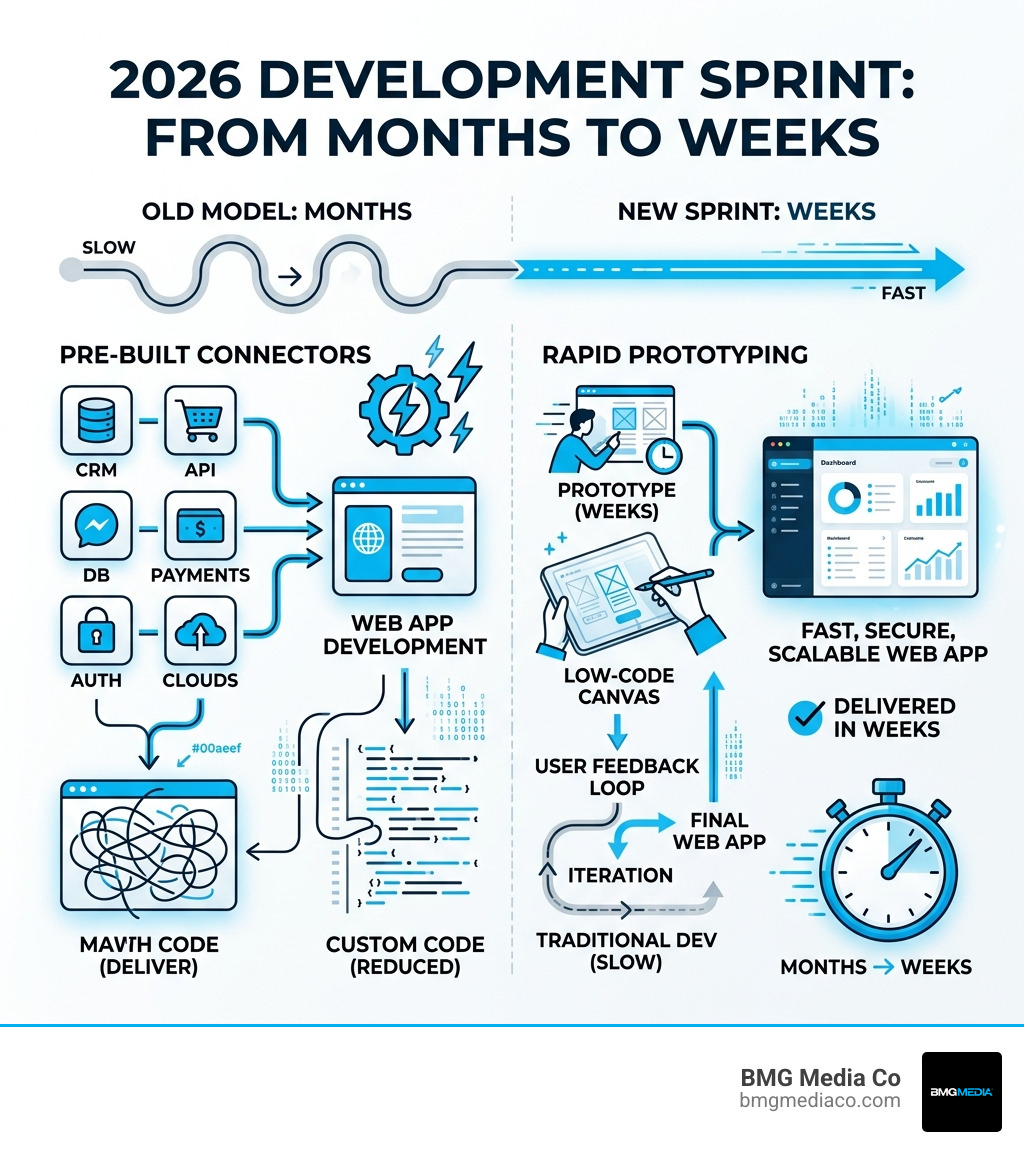 Infographic of the 2026 development sprint showing rapid prototyping and pre-built connectors - software integration web Infographic of the 2026 development sprint showing rapid prototyping and pre-built connectors - software integration web