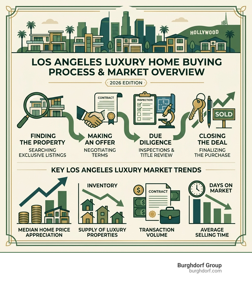 Infographic showing the Los Angeles luxury home buying process steps and key market stats 2026 - luxury real estate los