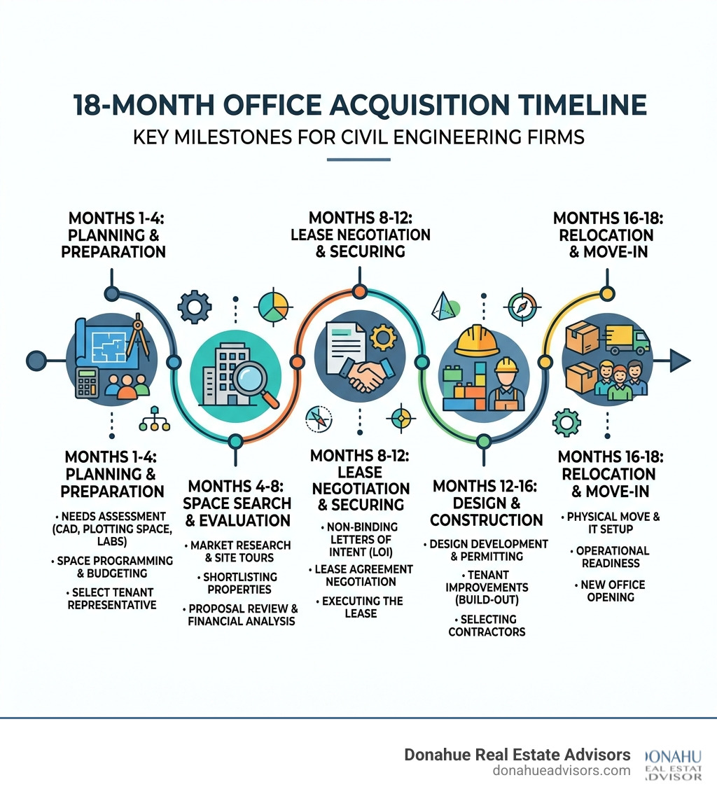 Infographic showing 18-month office acquisition timeline for civil engineering firms with key milestones - office space for