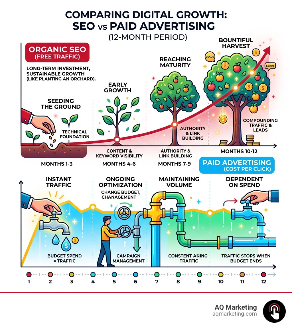 Infographic comparing SEO growth vs Paid Advertising over a 12-month period - SEO Manchester NH infographic Infographic comparing SEO growth vs Paid Advertising over a 12-month period - SEO Manchester NH infographic