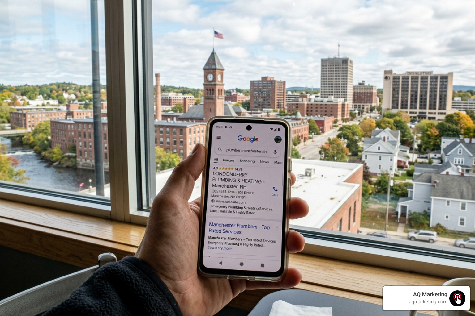 A Manchester NH local business appearing at the top of Google search results on a mobile device - SEO Manchester NH