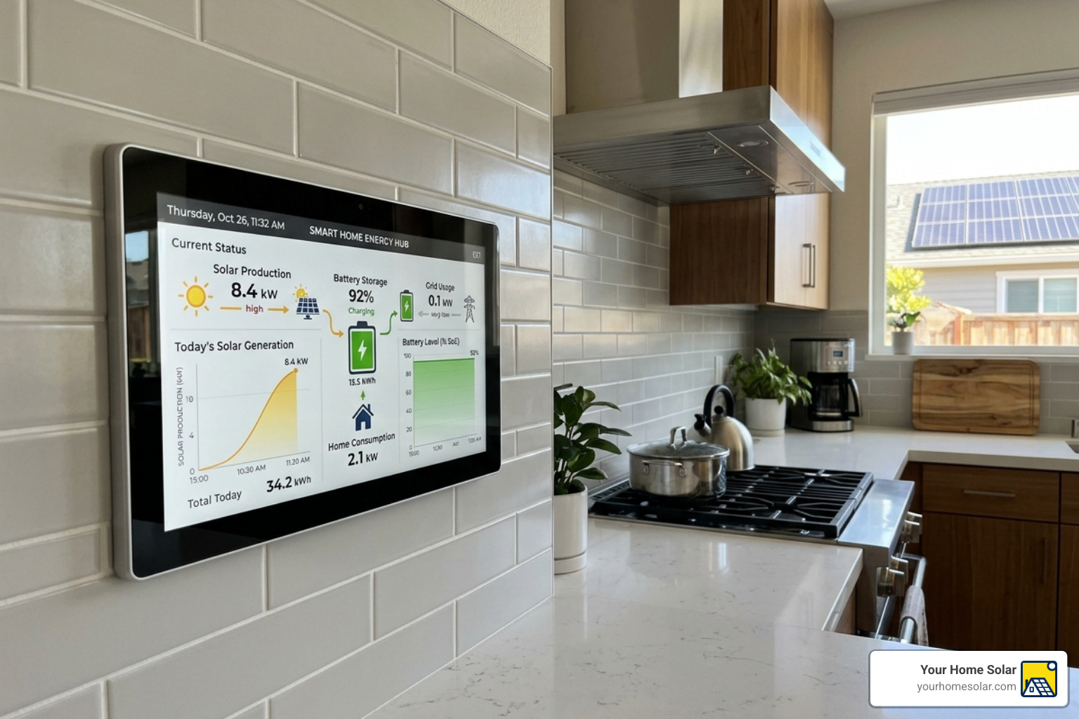 Smart home energy monitor showing solar production and low grid usage - home solar installation near me Smart home energy monitor showing solar production and low grid usage - home solar installation near me