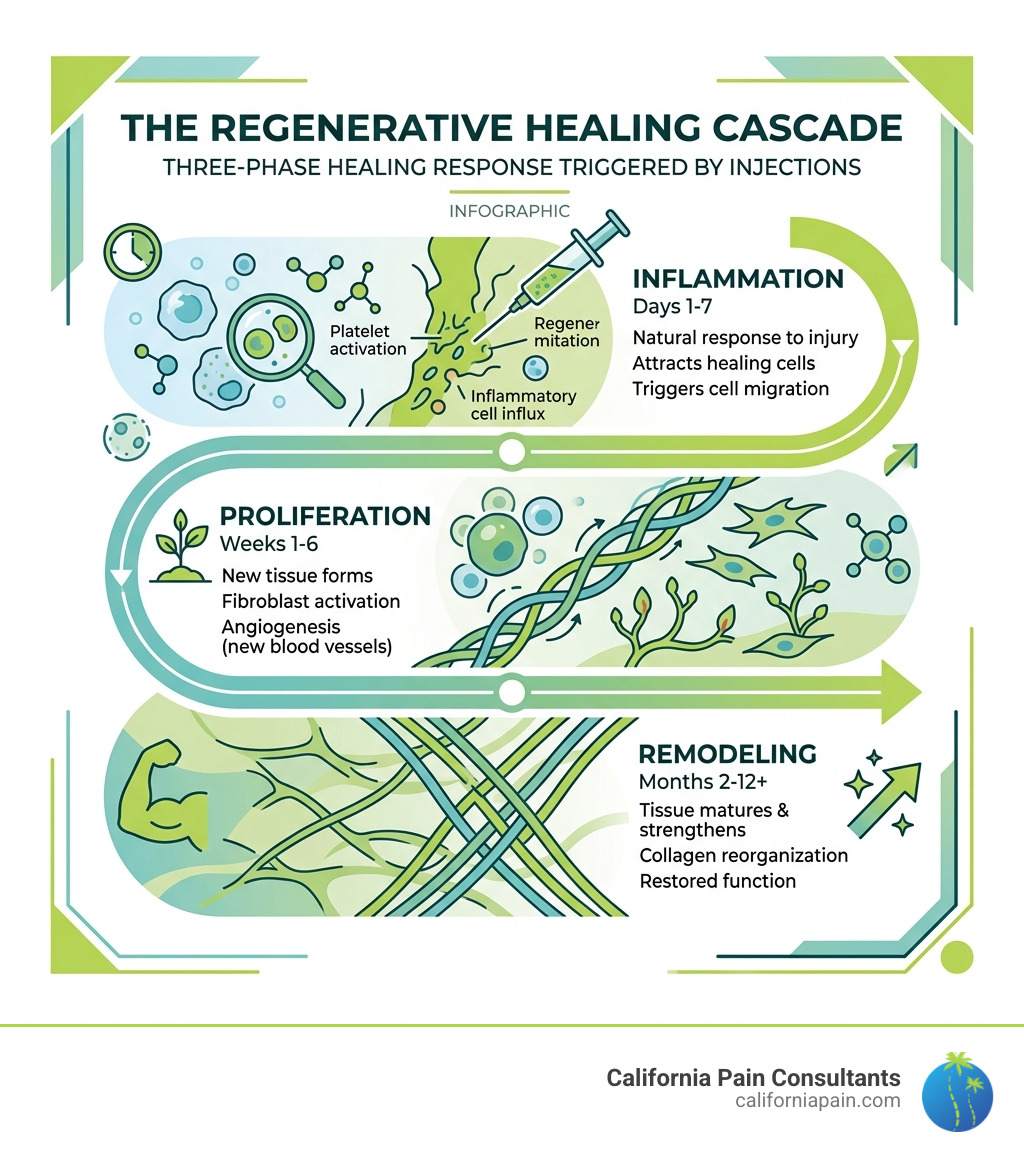 Infographic showing the three-phase healing cascade: inflammation, proliferation, and remodeling triggered by regenerative Infographic showing the three-phase healing cascade: inflammation, proliferation, and remodeling triggered by regenerative