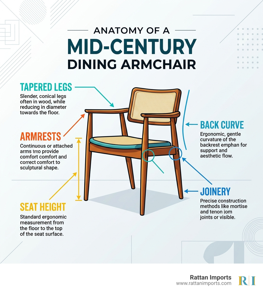Anatomy of a mid-century dining armchair: tapered legs, armrests, seat height, back curve, and joinery - mid century dining