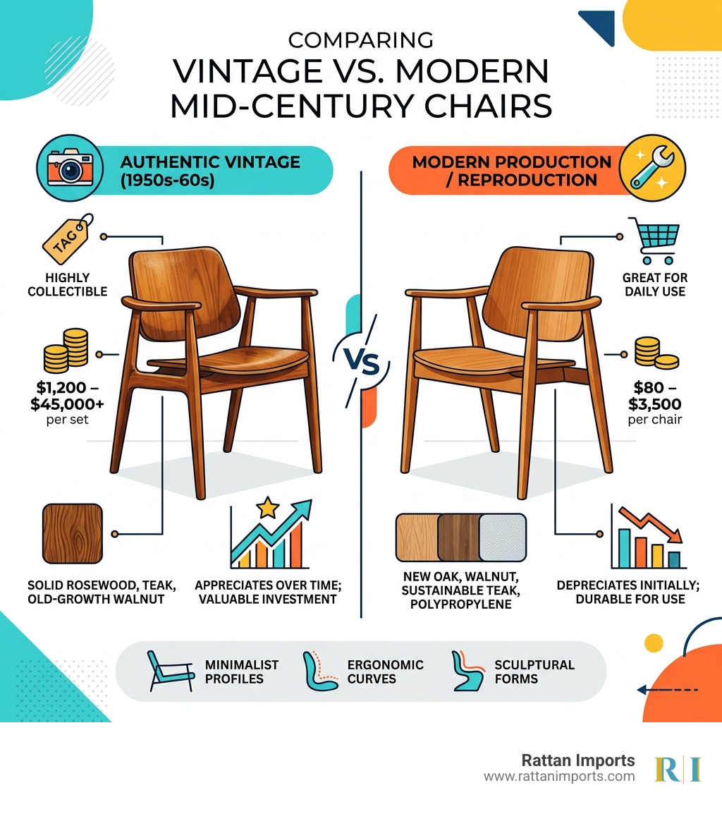 Comparison of vintage vs modern mid-century chair features - mid century dining arm chairs infographic 