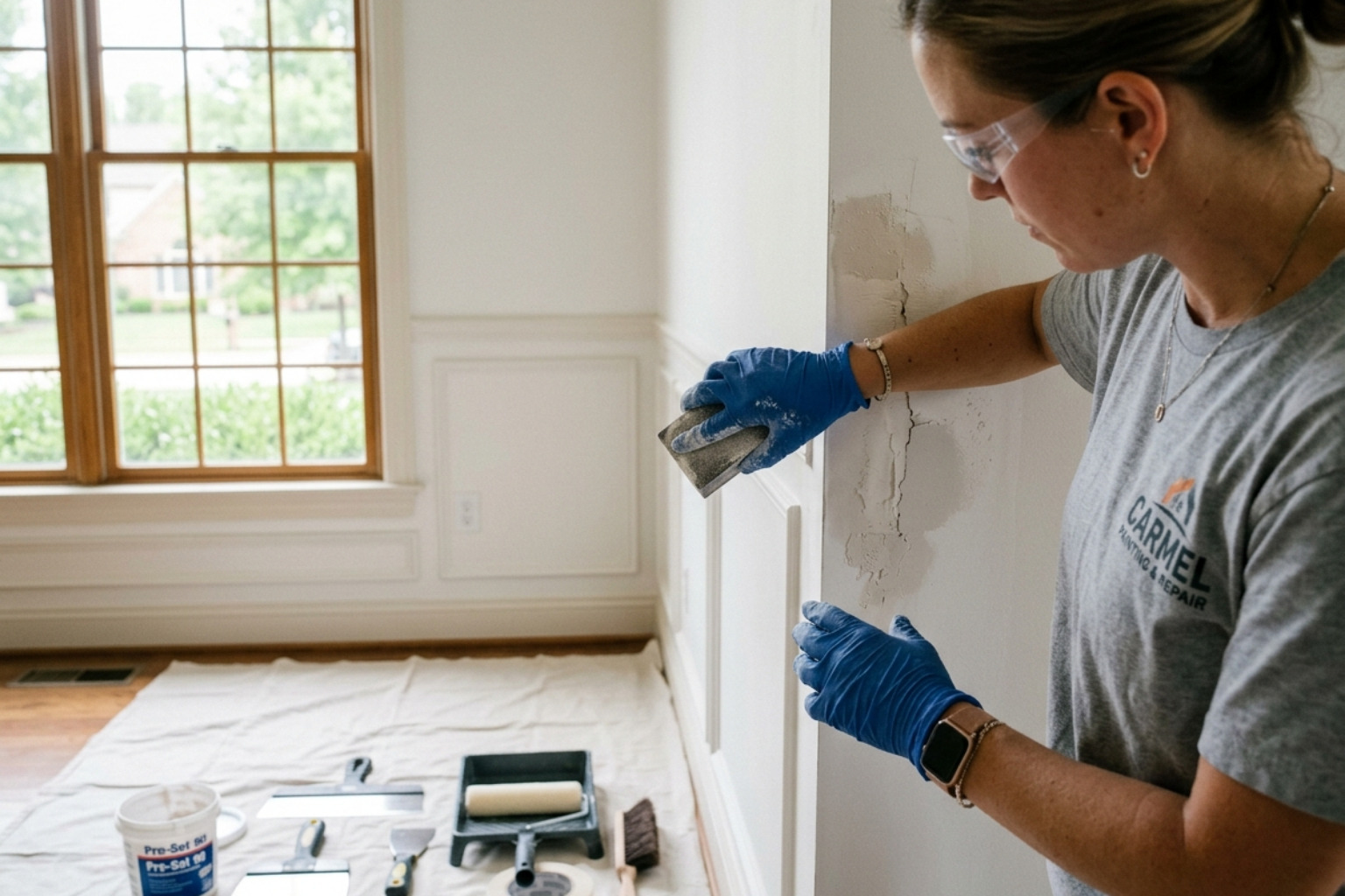 painter performing meticulous drywall repairs in a Carmel residence - durable interior paint jobs