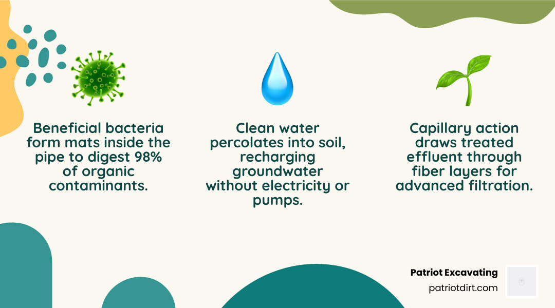 Infographic showing the 6-stage Enviro-Septic passive treatment process from effluent entry to soil percolation Infographic showing the 6-stage Enviro-Septic passive treatment process from effluent entry to soil percolation