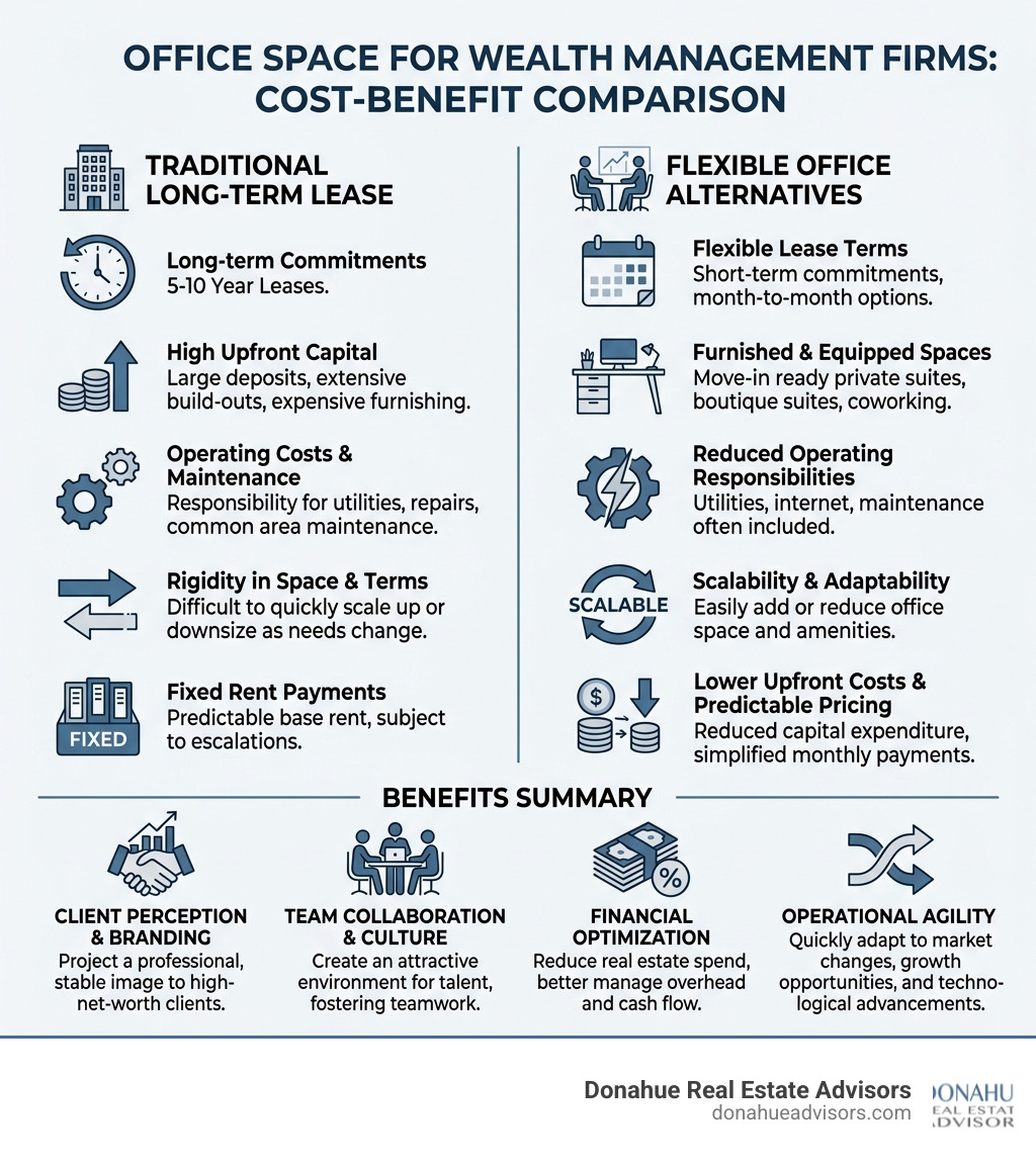 Cost-benefit comparison of traditional leases vs. flexible office alternatives for wealth management firms - office space