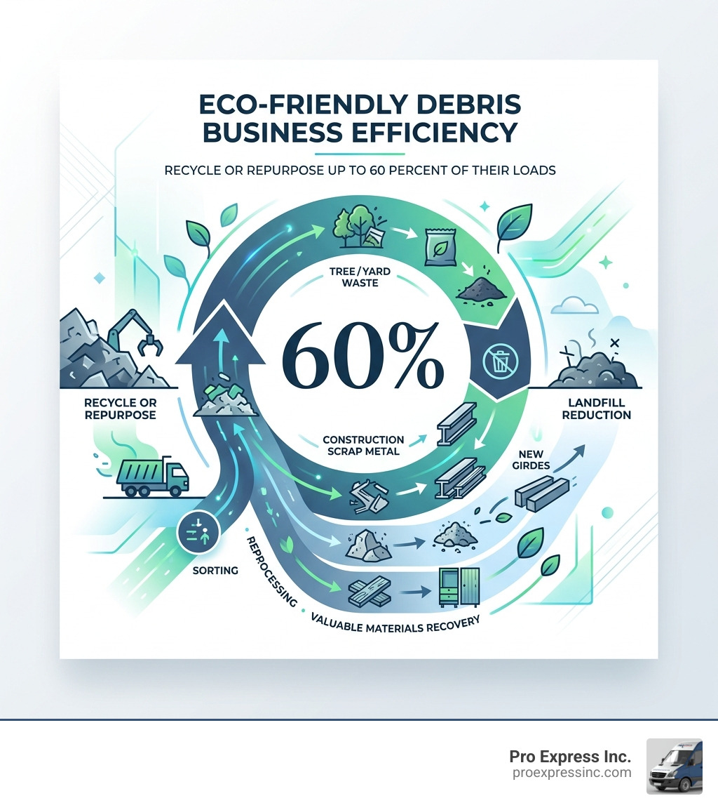 Stat showing that eco-friendly debris businesses can recycle or repurpose up to 60 percent of their loads - debris removal Stat showing that eco-friendly debris businesses can recycle or repurpose up to 60 percent of their loads - debris removal