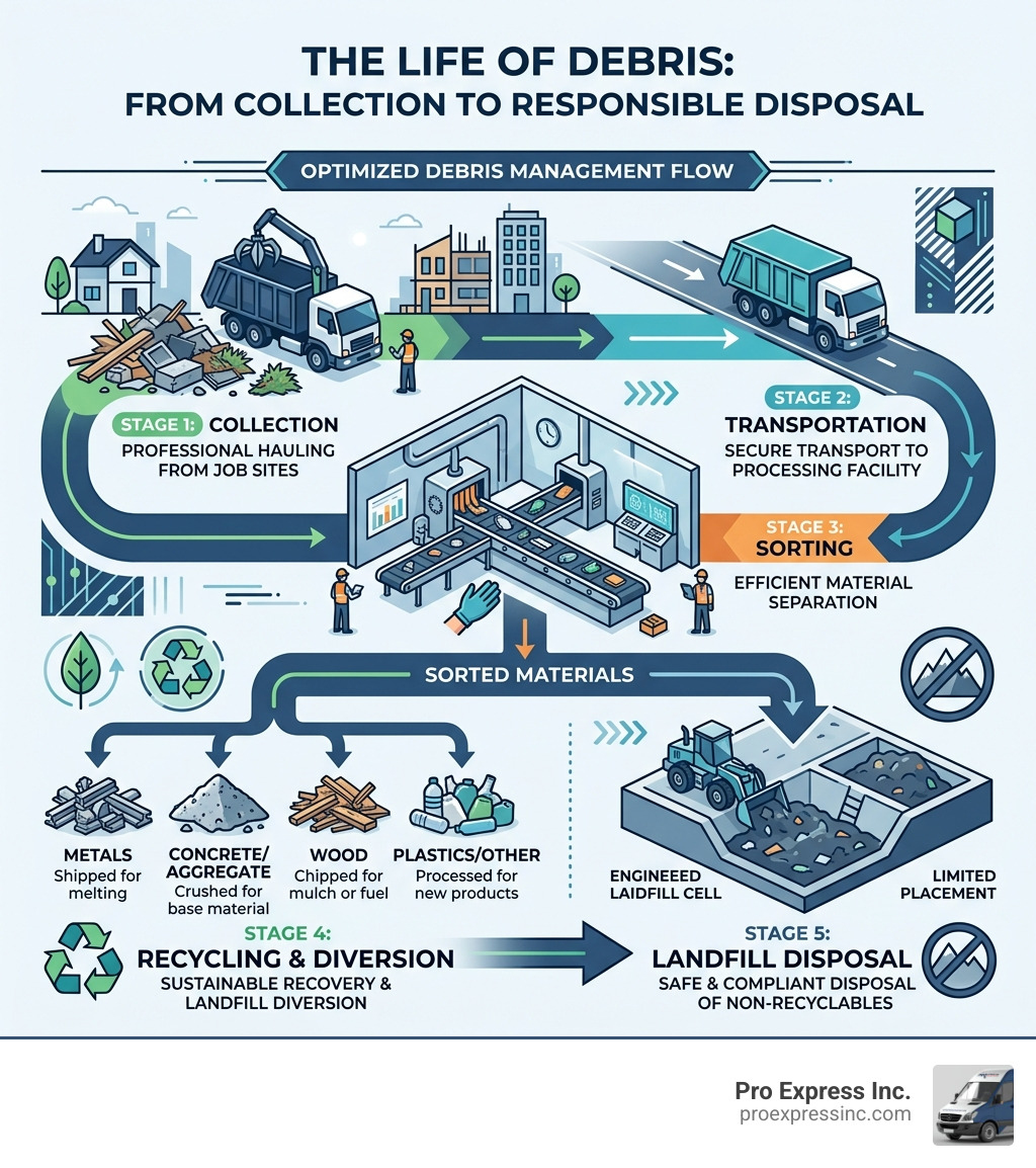 Infographic showing lifecycle of debris from collection to sorting recycling and landfill diversion - debris removal Infographic showing lifecycle of debris from collection to sorting recycling and landfill diversion - debris removal