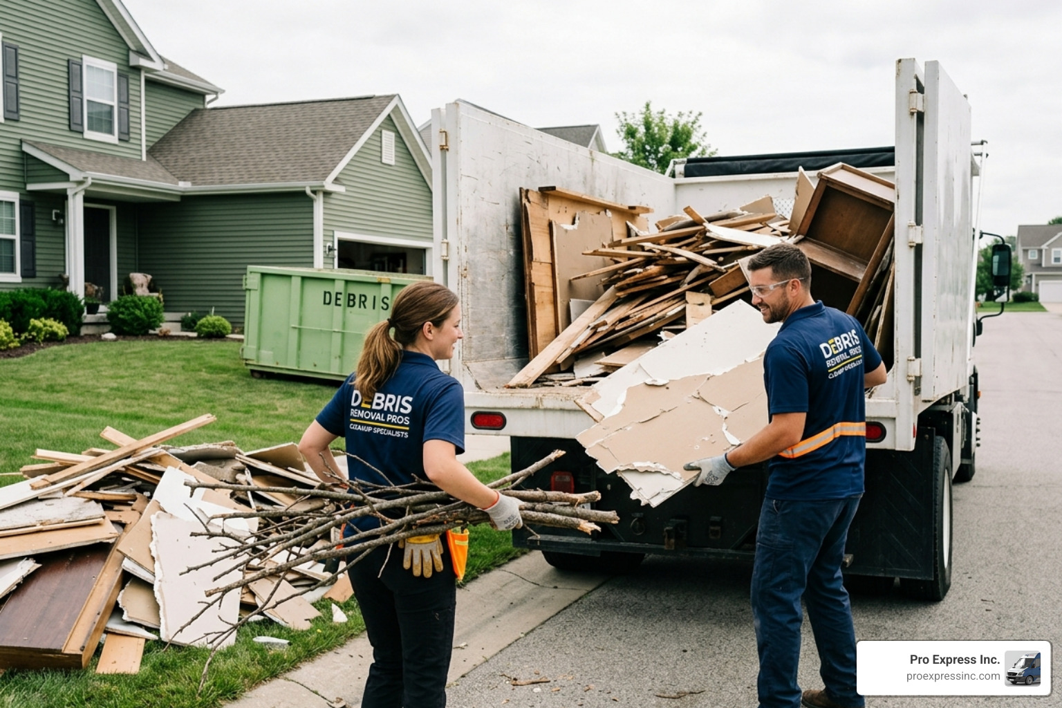 A professional crew using a grapple truck to clear a large industrial site - debris removal business A professional crew using a grapple truck to clear a large industrial site - debris removal business