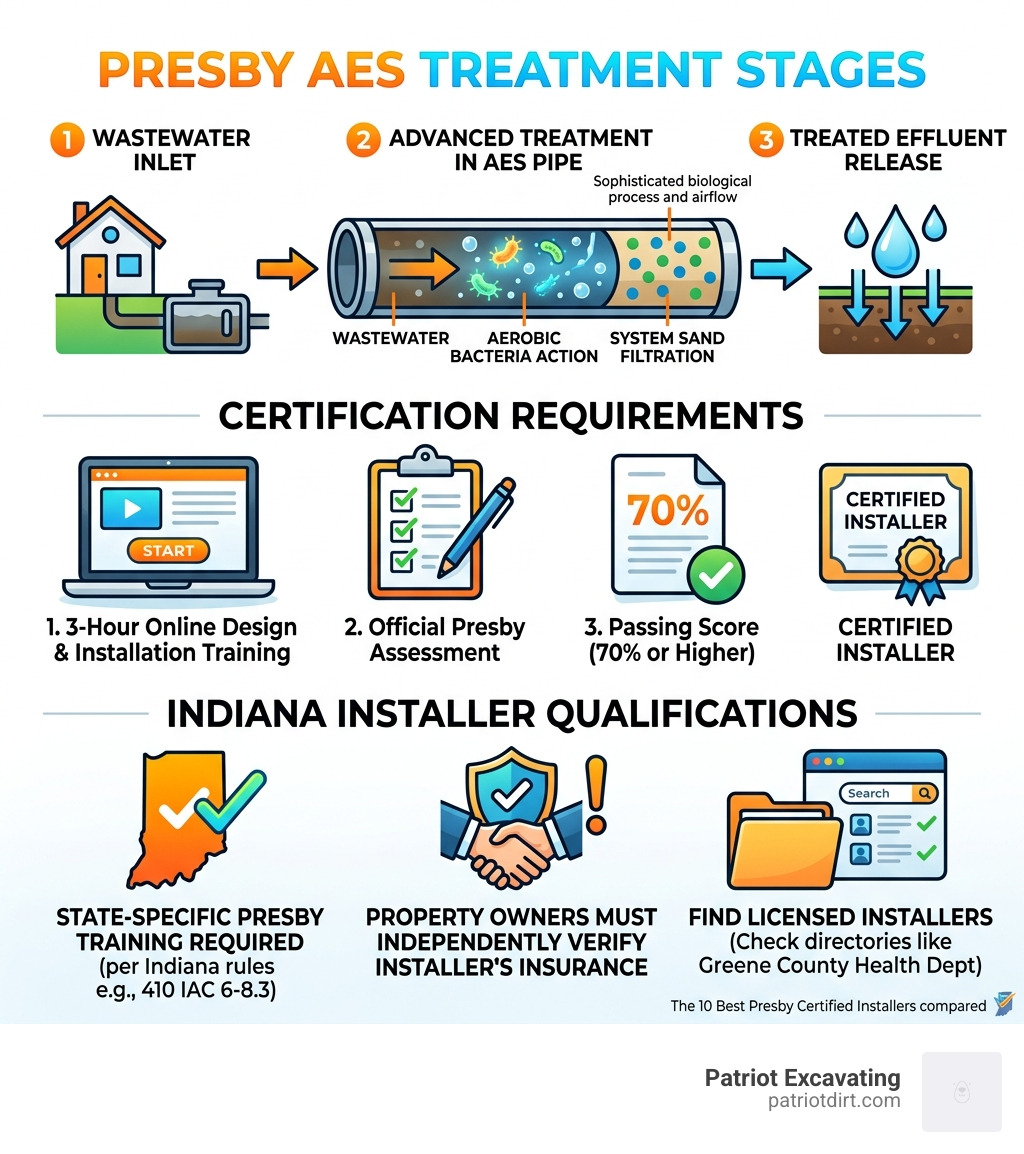 Infographic showing Presby AES treatment stages certification requirements and Indiana installer qualifications - Presby