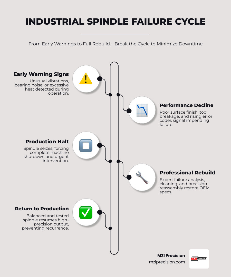 Infographic showing the industrial spindle failure cycle from early warning signs to rebuild and return to production Infographic showing the industrial spindle failure cycle from early warning signs to rebuild and return to production