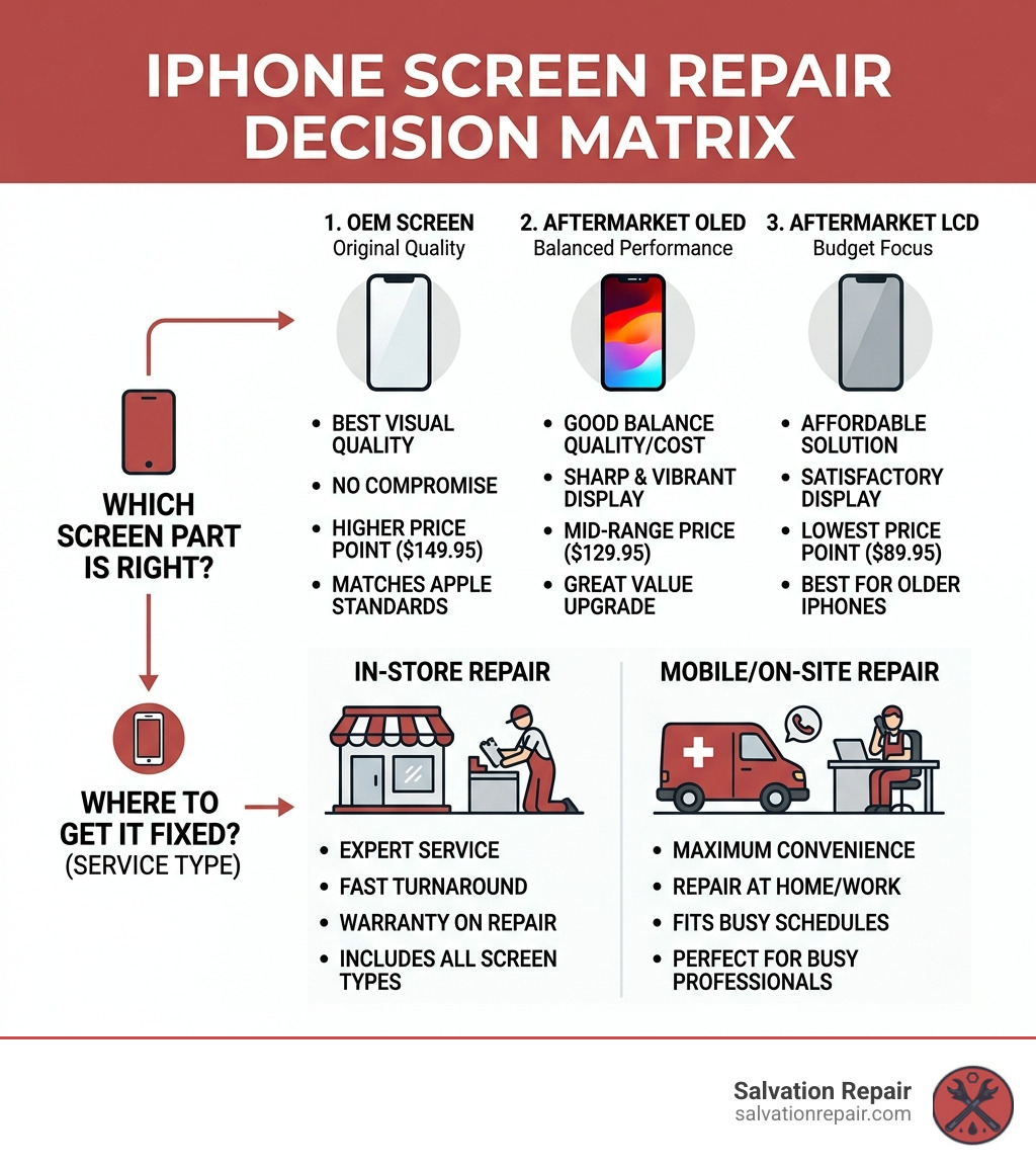 iPhone screen repair decision matrix comparing LCD, OLED, OEM, and service types - Best iPhone screen repair infographic 